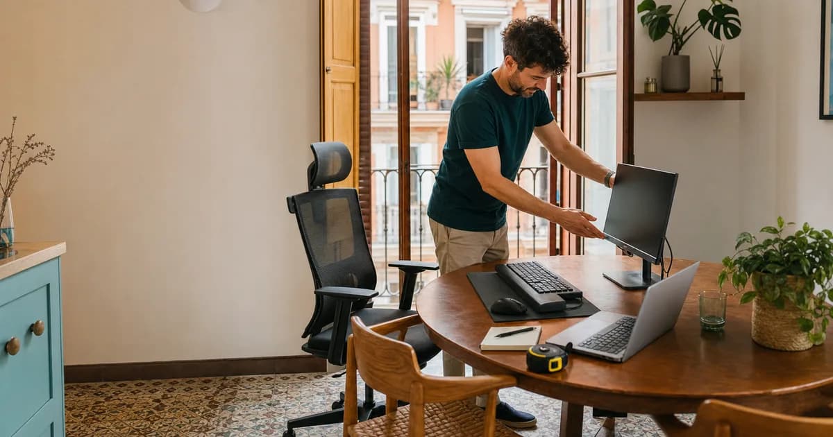 Teletrabajador instalando un monitor y una silla ergonómica en un apartamento de Valencia