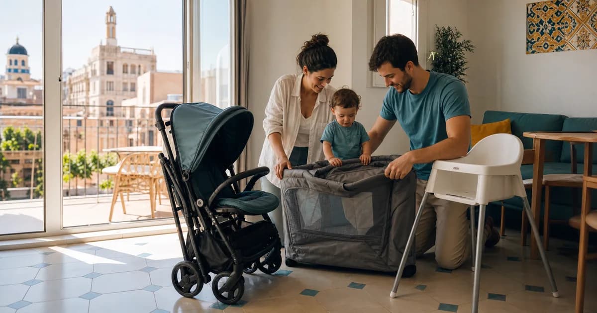Familia comparando un cochecito, una cuna de viaje y una trona en un apartamento de Valencia