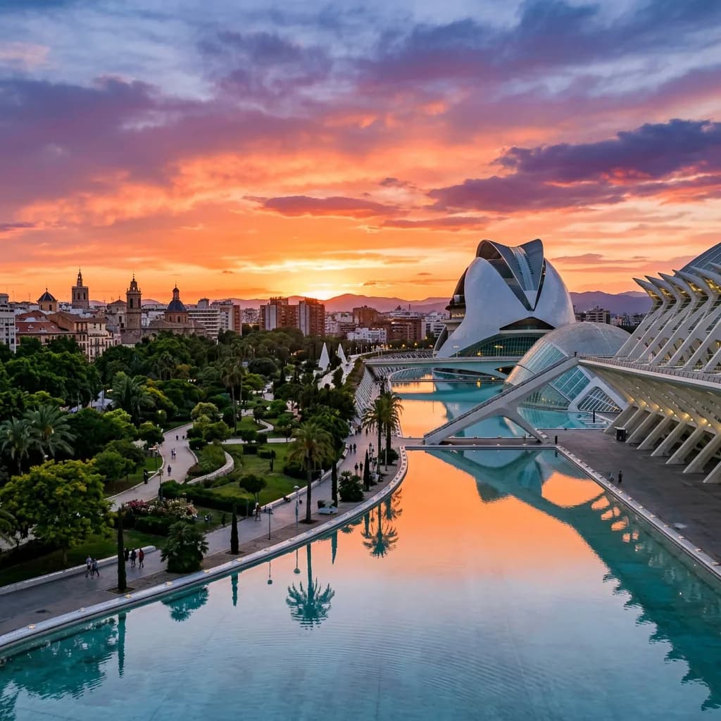 Sunset over Turia Gardens and City of Arts and Sciences