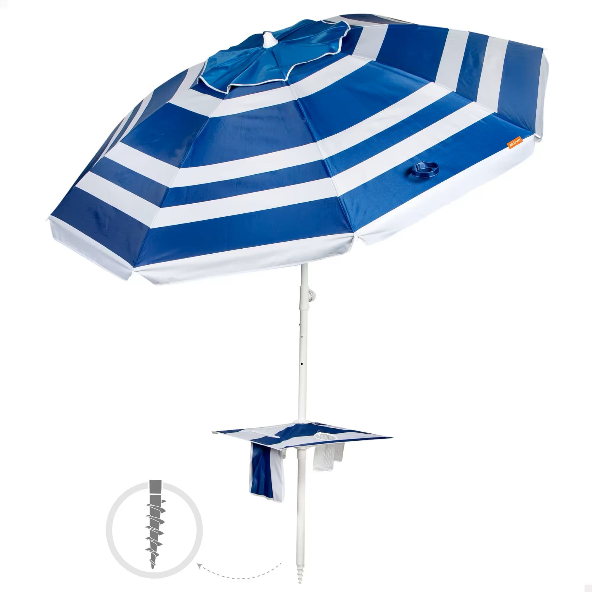 Blue-and-white Aktive 210 cm beach umbrella with integrated table and cupholders