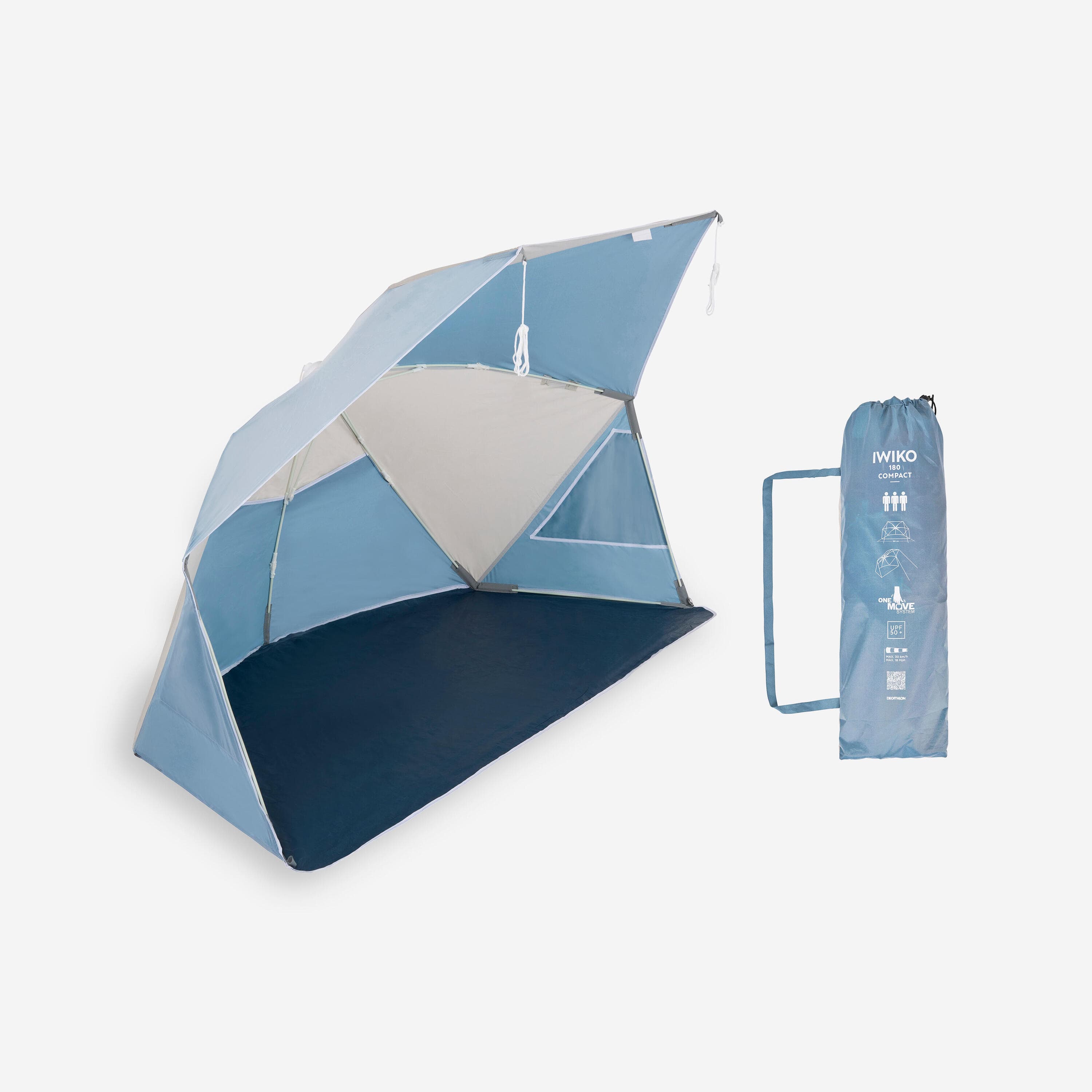 Blue-grey and beige Decathlon Iwiko 180 compact UPF 50+ beach shelter